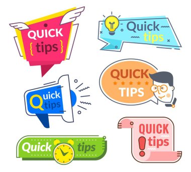 Quick tip labels. Tips and tricks suggestion, quickly help advice. Helpful service vector banners clipart