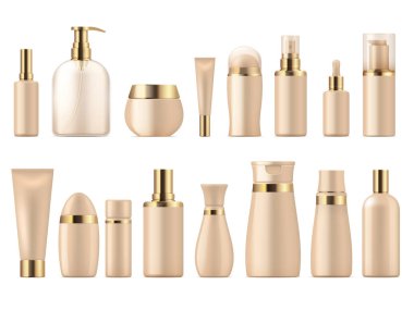 Gerçekçi kozmetik paketi. Altın Güzellik ürün 3D mockup şampuan şişe losyon pompası. Lüks paket vektör şablonu