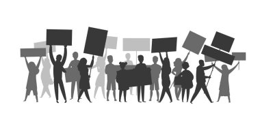 Revolution crowd silhouette. Protest flags propaganda demonstration audience football soccer fans Vector strike people silhouettes clipart