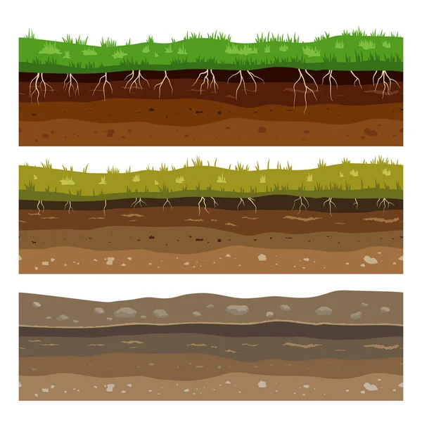 Bodenschichten. nahtlose Campo Boden Lehmoberfläche Textur mit Steinen und Gras. Vektor — Stockvektor