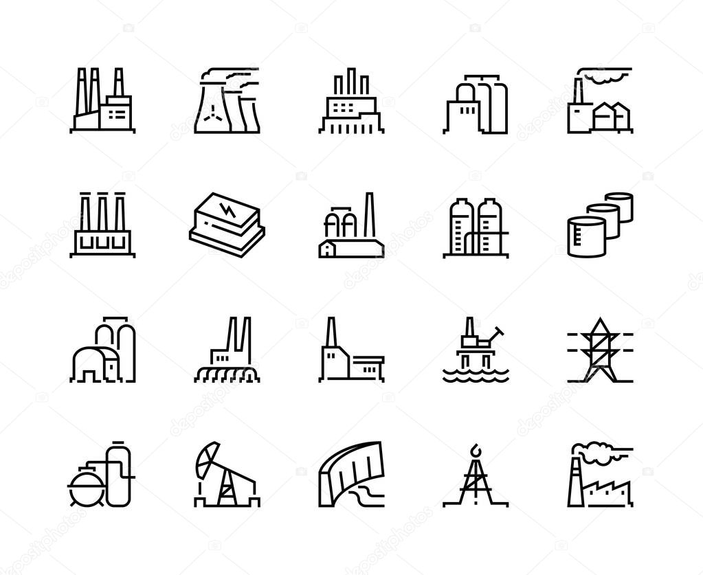 Factory line icons. Industry power, chemical manufacturing building warehouse nuclear energy plant. Industrial factories vector