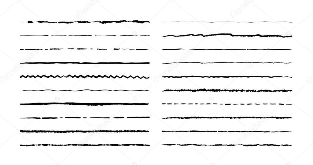 Hand drawn doodle lines. Pencil stroke underline sketch, pen grunge border set, cartoon frame elements. Vector doodle brush