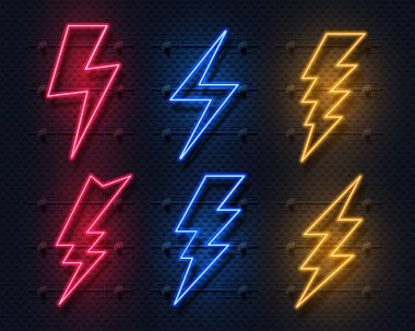 Neon Şimşek. Parlayan elektrik flaş işareti, yıldırım elektrik gücü simgeler. Siyah arka plan üzerine vektör yıldırım