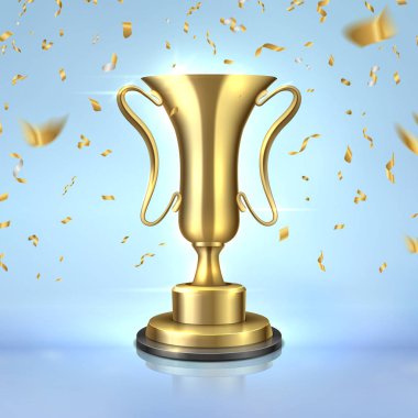 Altın Ödülü. Gerçekçi şampiyon Kupası, 3d kazanan ödül tasarım şablonu, konfeti ile liderlik kavramı. Vektör Altın Ödülü