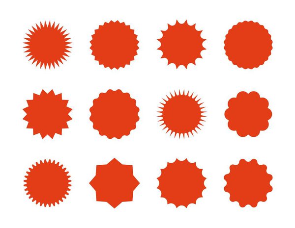 Starburst price stickers. Star sale banners, red explosion signs, sunburst speech bubbles. Vector red silhouettes on white backgrounds