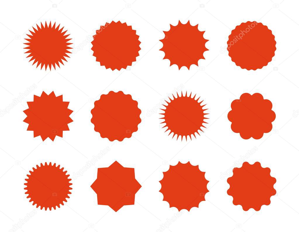 Starburst price stickers. Star sale banners, red explosion signs, sunburst speech bubbles. Vector red silhouettes on white backgrounds