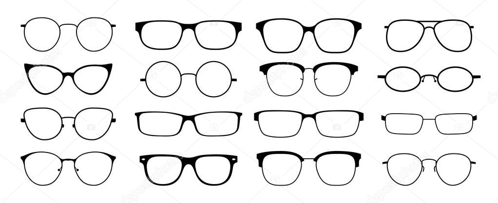 Glasses silhouette. Sun glasses hipster frame set, fashion black plastic rims, round geek style retro nerd glasses. Vector sun glasses