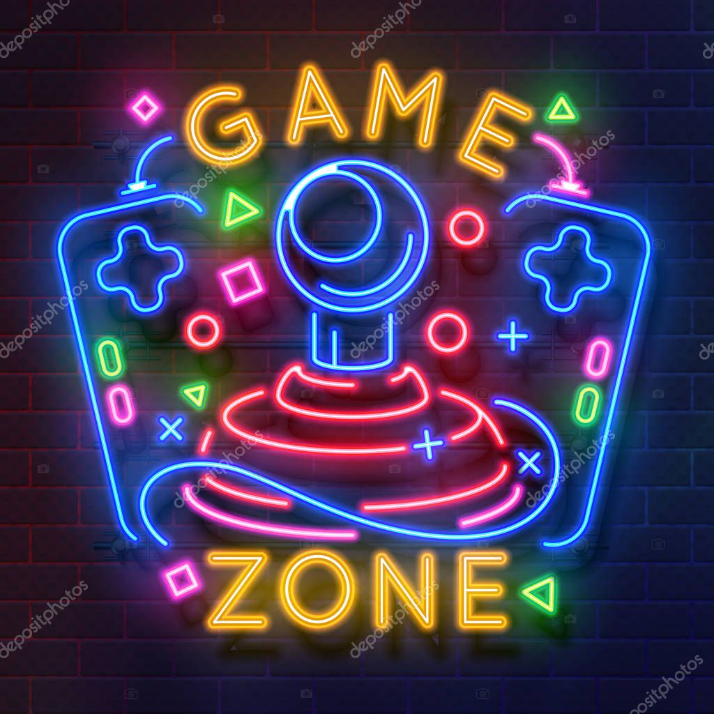Retro game neon sign. Video games night light symbol, glowing gamer poster, gaming club banner. Vector retro neon flyer icon