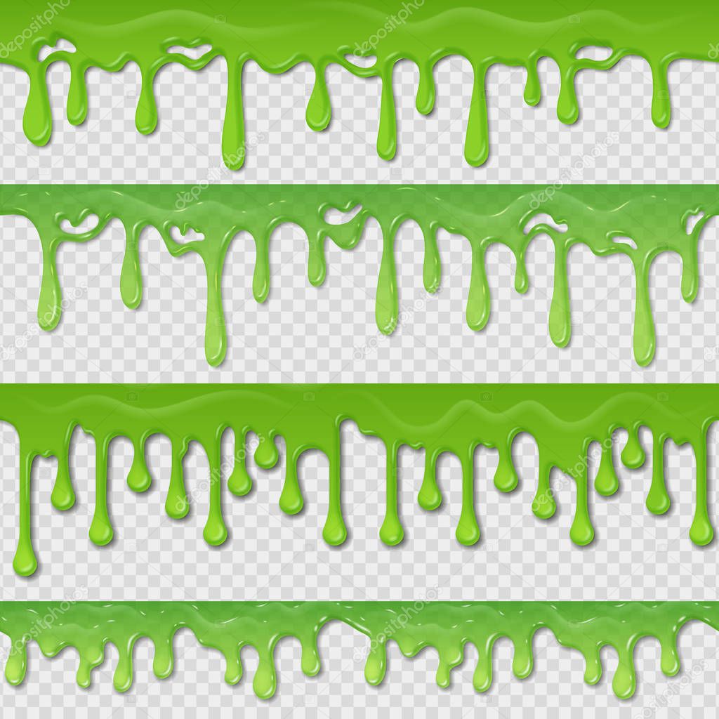 Green slime seamless pattern. Realistic toxic splatter and blob splash elements isolated on white. Vector goo green splatter