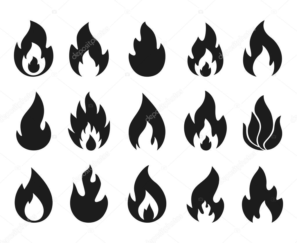 Fire flame icons. Simple burning campfire silhouette symbols, hot chile sauce, bonfire shape. Vector set of fire and flame logos
