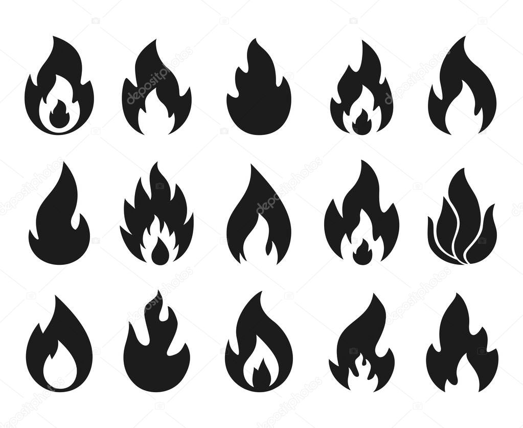 Fire flame icons. Simple burning campfire silhouette symbols, hot chile sauce, bonfire shape. Set of fire and flame logos