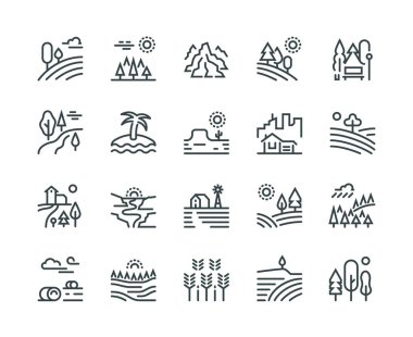 Landscape line icons. Nature park mountain hill forest trees and countryside garden, industrial megapolis cityscape vector pictograms clipart