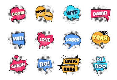 Comic pop sanat kabarcıklar. Çizgi film balon wow patlama Sticker eğlenceli konuşma kabarcık çizgi romanlar kabarcık. Vektör Splash ampul