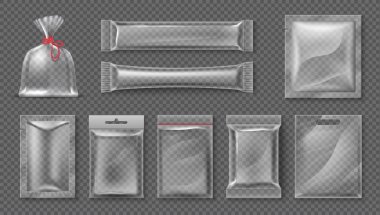Plastik paket. Gerçekçi net çanta mockup, 3D şeffaf gıda ürün paketi seti, boş parlak folyo. Vektör şeker snack konteyner