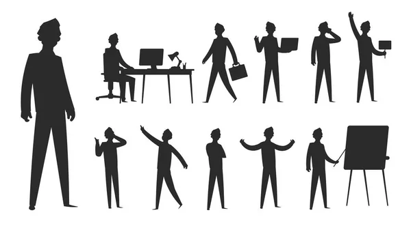 Business mensen silhouet. Zakenman staan professionele man figuur office groep team vrouw figuur. Vector contour team silhouetten — Stockvector