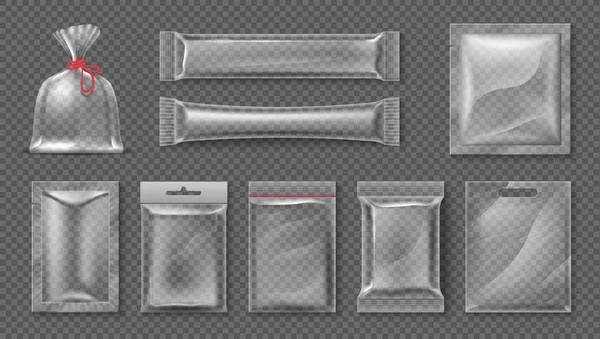Paquete plástico. Saco transparente realista maqueta, 3d paquete de productos alimenticios transparentes conjunto, lámina brillante en blanco. Vector caramelo snack contenedor — Vector de stock