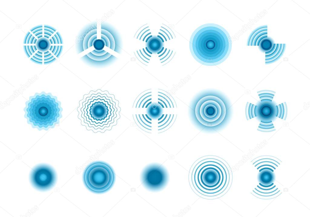 Wave signals. Blue graphic symbols of wave concentric circular radio pulsations. Vector icons set