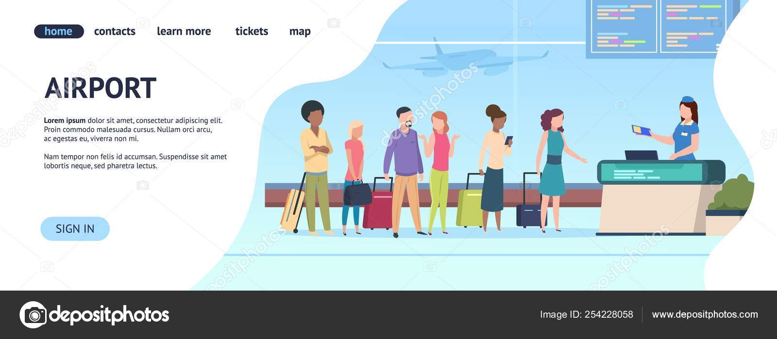 Airport Landing Page Passenger Terminal Queue Departure Arrival Gate Airlines Check Boarding Online Registration Vector Page Stock Vector C Spicytruffel 254228058