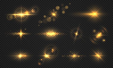 Flashes lights and sparks. Realistic golden shiny flare, transparent sun light effects, particles and star burst. Vector shining sparks clipart