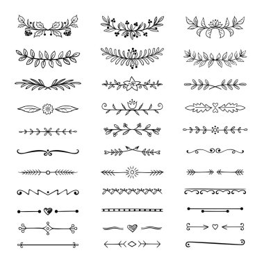 Doodle bölücüler. Elle çizilmiş çizgiyi Kenarlıklar ve defne, süs dekoratif çerçeve, doğa çiçek ok kroki. Vektör bölücü