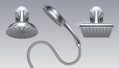 Metal başkanları duş. Gerçekçi banyo yağmurlama ile su yağmur sprey şeffaf arka plan üzerinde. Vektör düşen damlalar