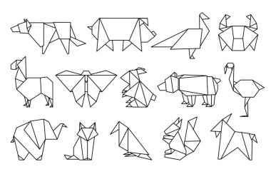 Satır origami hayvan. Soyut çokgen hayvanlar, katlanmış, tasarım şablonları için şekiller, modern Japonya kağıt. Vektör hayvan simgeler