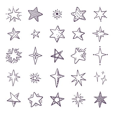 Doodle yıldız. Şirin kalem kroki alanı öğeleri, basit geometrik ayarı, elle çizilmiş yıldız desen baskı Tekstil için. Vektör uzayı yıldız