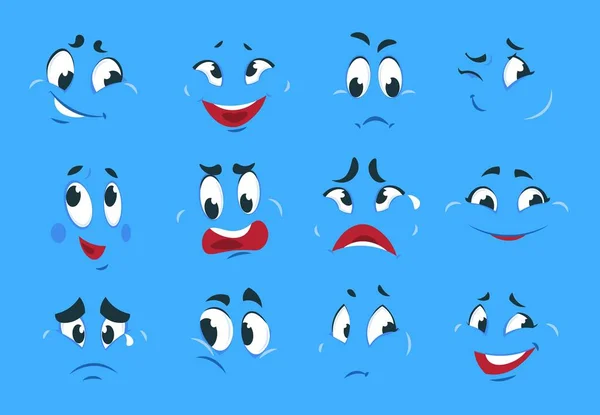 Des expressions drôles de dessins animés. Diabolique visages en colère croquis personnage fou sourire amusant caricature smiley visage. Dessins animés vectoriels émotions — Image vectorielle