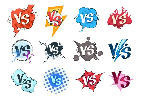 Cómic versus logos. VS pop art concepto de juego retro, plantilla de burbuja de lucha de dibujos animados, competencia de boxeo. Vector versus desafío — Vector de stock