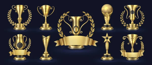 Goldener Pokal. realistische Champion-Auszeichnung, Contest-Gewinner-Preise mit Lorbeerformen, 3D-Auszeichnungen Banner. Vektor goldener Becher — Stockvektor