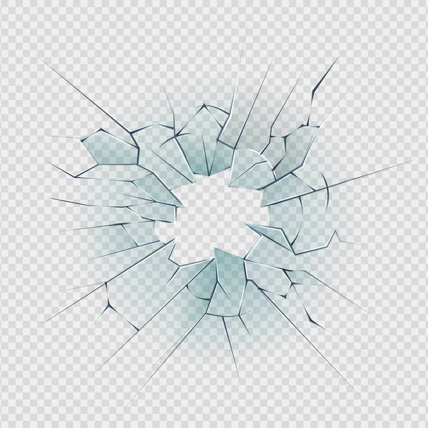 Broken glass. Cracked window texture realistic destruction hole in transparent damaged glass. Realistic shattered glass template — Stock Vector