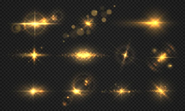 Blitze und Funken. realistische goldglänzende Flare, transparente Sonnenlichteffekte, Partikel und Sternenplatzer. Vektor leuchtet Funken — Stockvektor