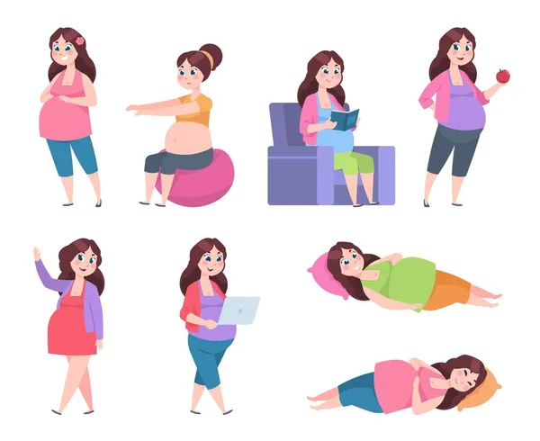 Platt gravid kvinna. Hälsosamma övningar för mammor, graviditet diet, glad ung mamma läsa, sova och vila. Vektor — Stock vektor