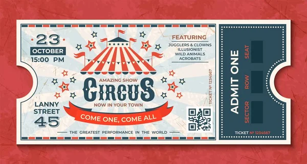 Circus tickets. Vintage carnival event banner, retro luxury coupon with marquee and party announcement. Vector circus greeting card — Stock Vector