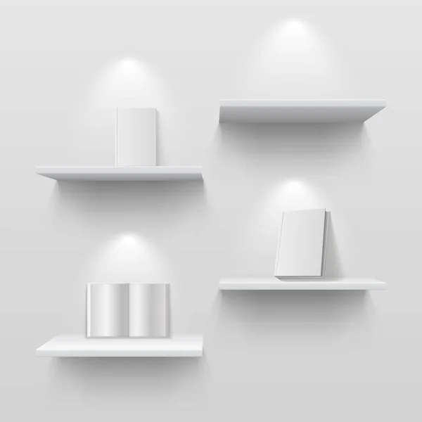 Livres sur étagères. Vierge blanc 3d étagère isolée sur le mur de la maison. Modélisation vectorielle créative avec ombres — Image vectorielle