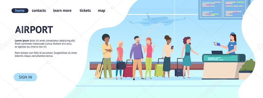 Airport Landing Page Passenger Terminal Queue Departure Arrival Gate Airlines Check Boarding Online Registration Vector Web Page Premium Vector In Adobe Illustrator Ai Ai Format Encapsulated Postscript Eps Eps Format
