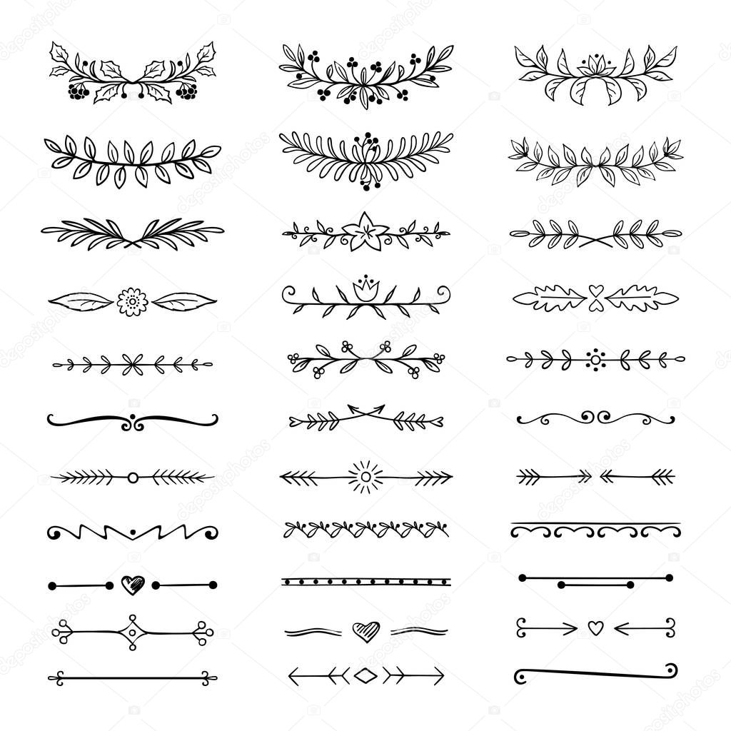 Doodle dividers. Hand drawn line borders and laurels, ornamental decorative frame, nature floral arrow sketch. Vector divider