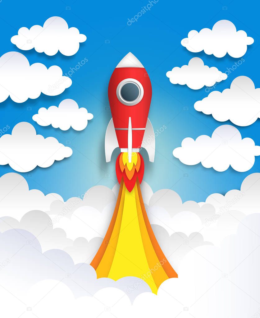 Paper cut rocket. Origami space art, flat cartoon pastel art with clouds and spaceship, polygon spacecraft. Vector paper background