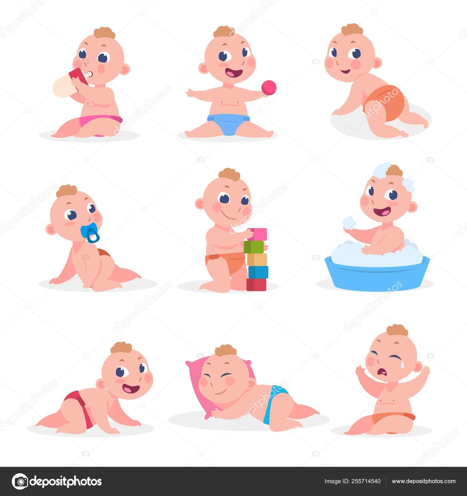 Cartoon baby. Newborn child in diaper eating sleeping crying playing, happy  toddler learning to walk and sitting. Vector flat kids Stock Vector Image  by ©SpicyTruffel #255714540