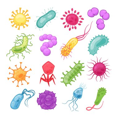 Mikroplar ayarlandı. Biyoloji pandemi virüs biyolojik mikroorganizma Epidemiyoloji bakteri hastalık hücre izole koleksiyon vektör