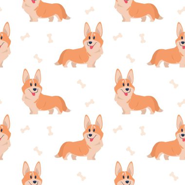Dikişsiz korgi deseni. Karikatür ev PET, baskı, poster ve kartpostal için sevimli yavru seti. Vector Corgi hayvan deseni
