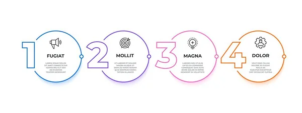 Infografica a flusso lineare. 4 fasi diagramma del flusso di lavoro cerchio, modello di presentazione aziendale, processo grafico vettoriale pietra miliare — Vettoriale Stock