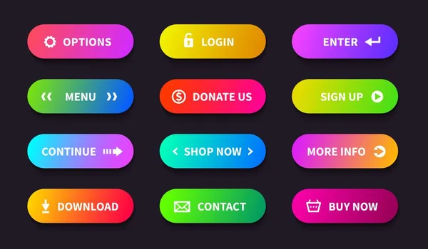 グラデーションアクションボタン。ショップダウンロードバナー、フラットオーバルインターフェイス、web ui のナビゲーションボタン。ベクターモバイルゲームアプリボタン — ストックベクタ