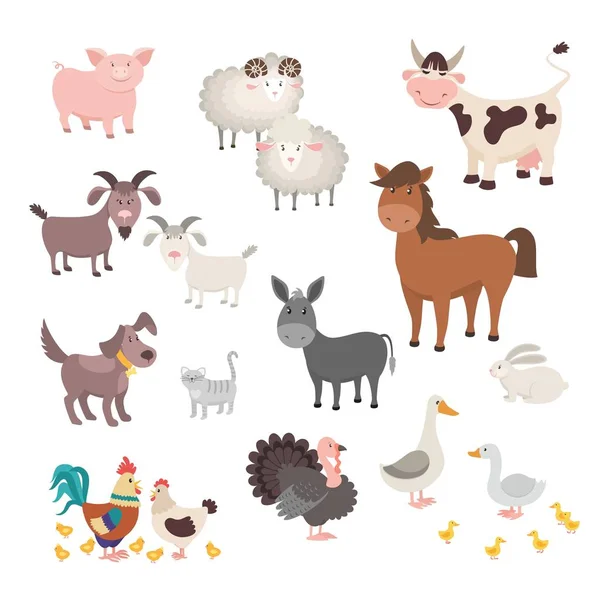 Animales de granja establecidos. Casas aisladas animal cerdo pollo caballo perro pavo conejo gato. Ilustración vectorial — Archivo Imágenes Vectoriales