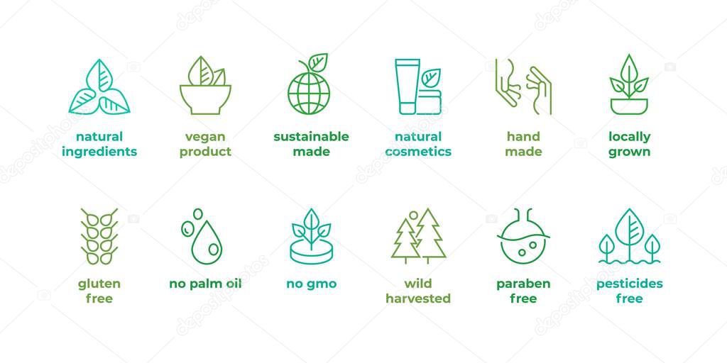 Eco line badge. Handmade eco logos, natural organic cosmetics vegan food symbols, Vector linear gluten free, no gmo emblems. Beauty bio grade toxic ingredients free