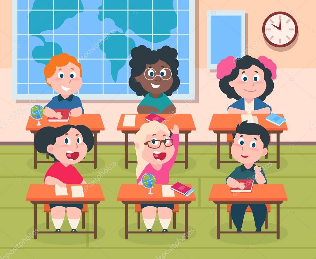 Vettoriale stockBambini in classe. Bambini dei cartoni animati a scuola che  studiano lettura e scrittura, ragazze e ragazzi carini felici. Personaggi  alunno vettoriale di ©SpicyTruffel #255714532, image size:1023x837