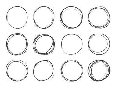 Elle çizilmiş daireler. Yuvarlak karalama döngüleri, dairesel çizim vurguları. Daire vektör izole kümesi