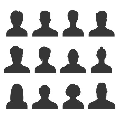 Siluet avatar seti. Kişi avatarları ofis profesyonel profilleri anonim kafaları kadın erkek yüzleri portreler vektör simgeleri
