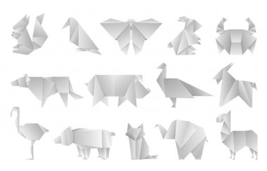 Beyaz origami hayvanları. Geometrik katlanmış kağıt şekiller, soyut kuş ejderha kelebeği çokgen şablonları. Vektör japan origami tasarımı