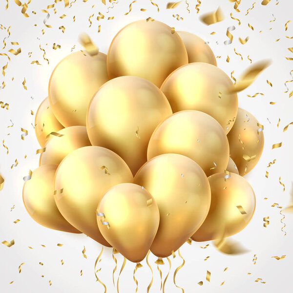 Golden balloons. Realistic party ribbons, confetti and gold birthday party decoration flying helium balloon. Vector isolated 3d bouquet